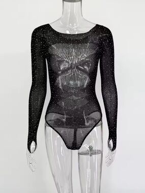 Black Long-Sleeve Rhinestone Sheer Bodysuit
